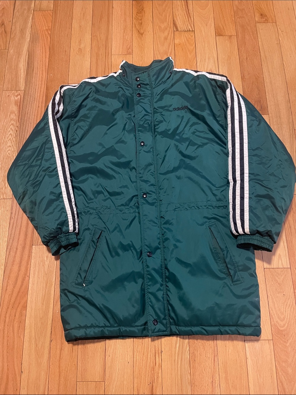 adidas Men's Forest Green Puffer Jacket with White Stripe Accents